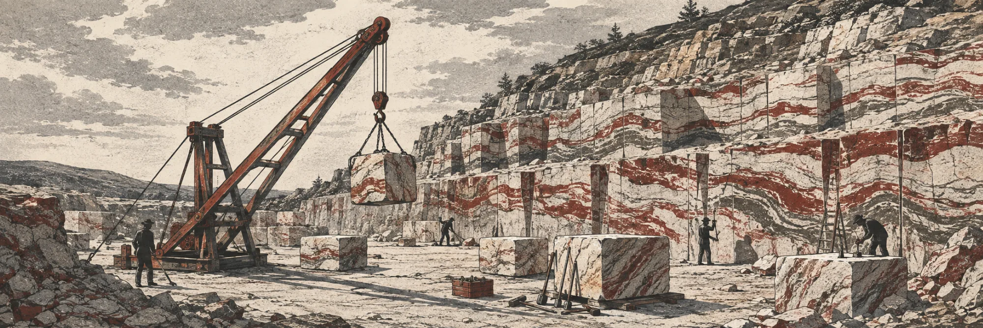 Illustration eines Steinbruchs: Ein hölzerner Derrick-Kran hebt einen Marmorblock, dahinter die terrassierte Bruchwand mit roter Bänderung, davor Arbeiter an gesägten Blöcken.