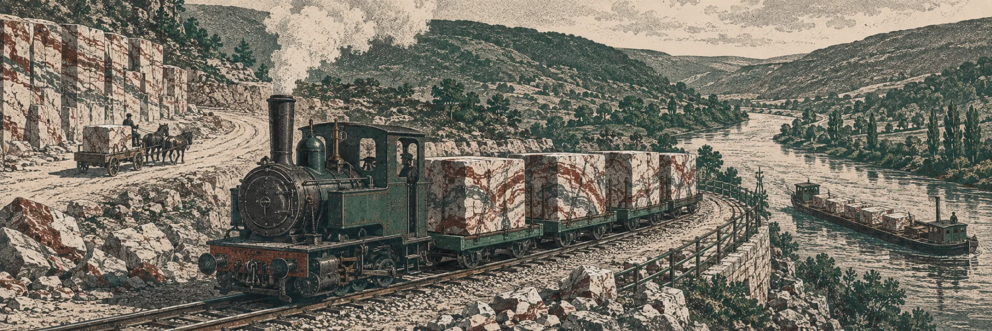 Illustration des Abtransports: Eine Feldbahn-Dampflok zieht mit Marmorblöcken beladene Wagen aus dem Bruch, links ein Pferdefuhrwerk, rechts ein Lastkahn auf der Lahn.